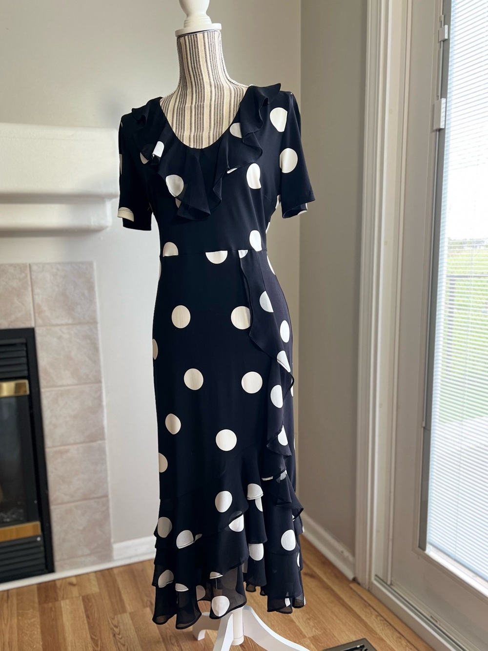Midi Dress with White Polka Dots and Ruffle Trim
